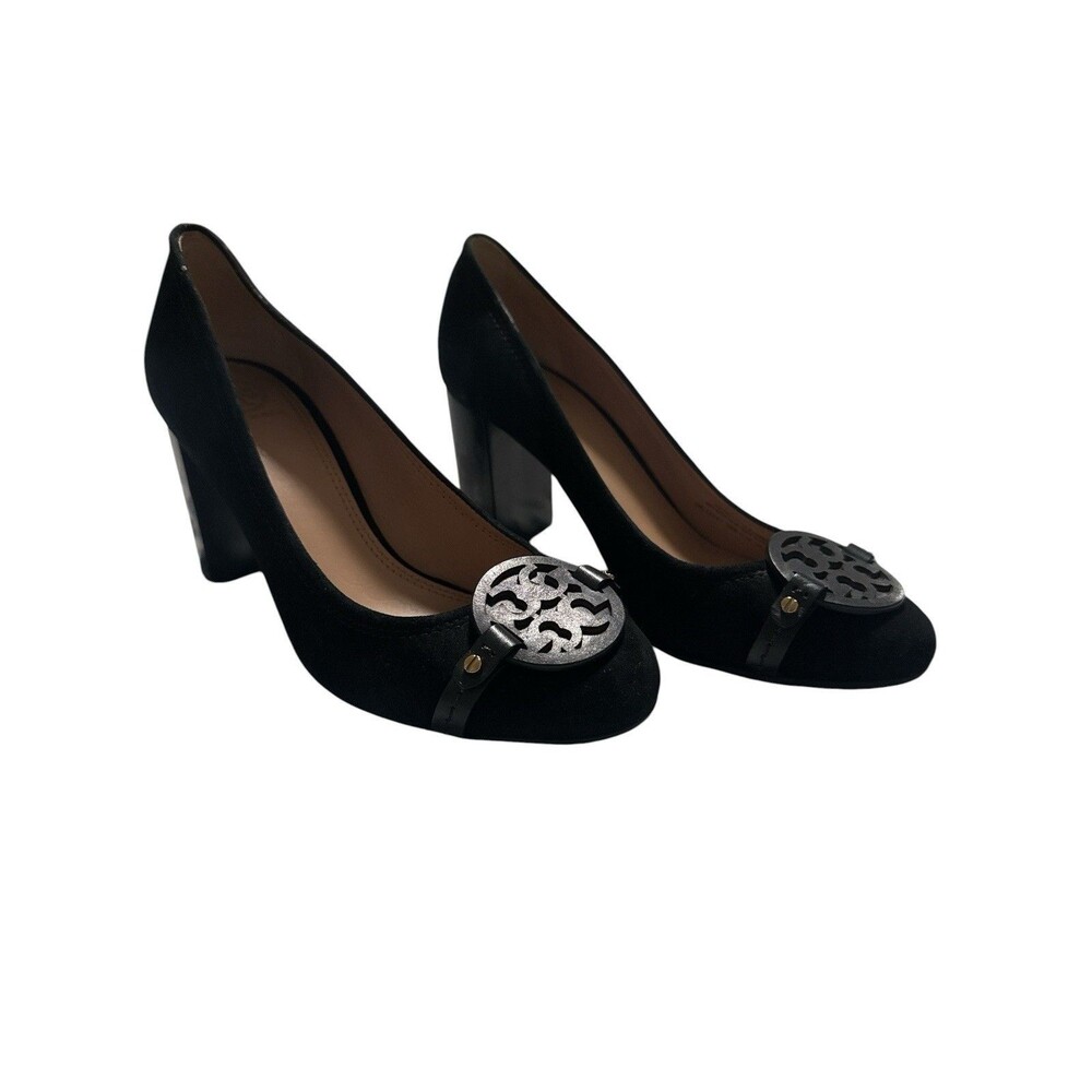 Tory Burch Mini Miller 85mm Block Heel Pumps Black Suede Logo Heels 8.5M - Picture 2 of 11